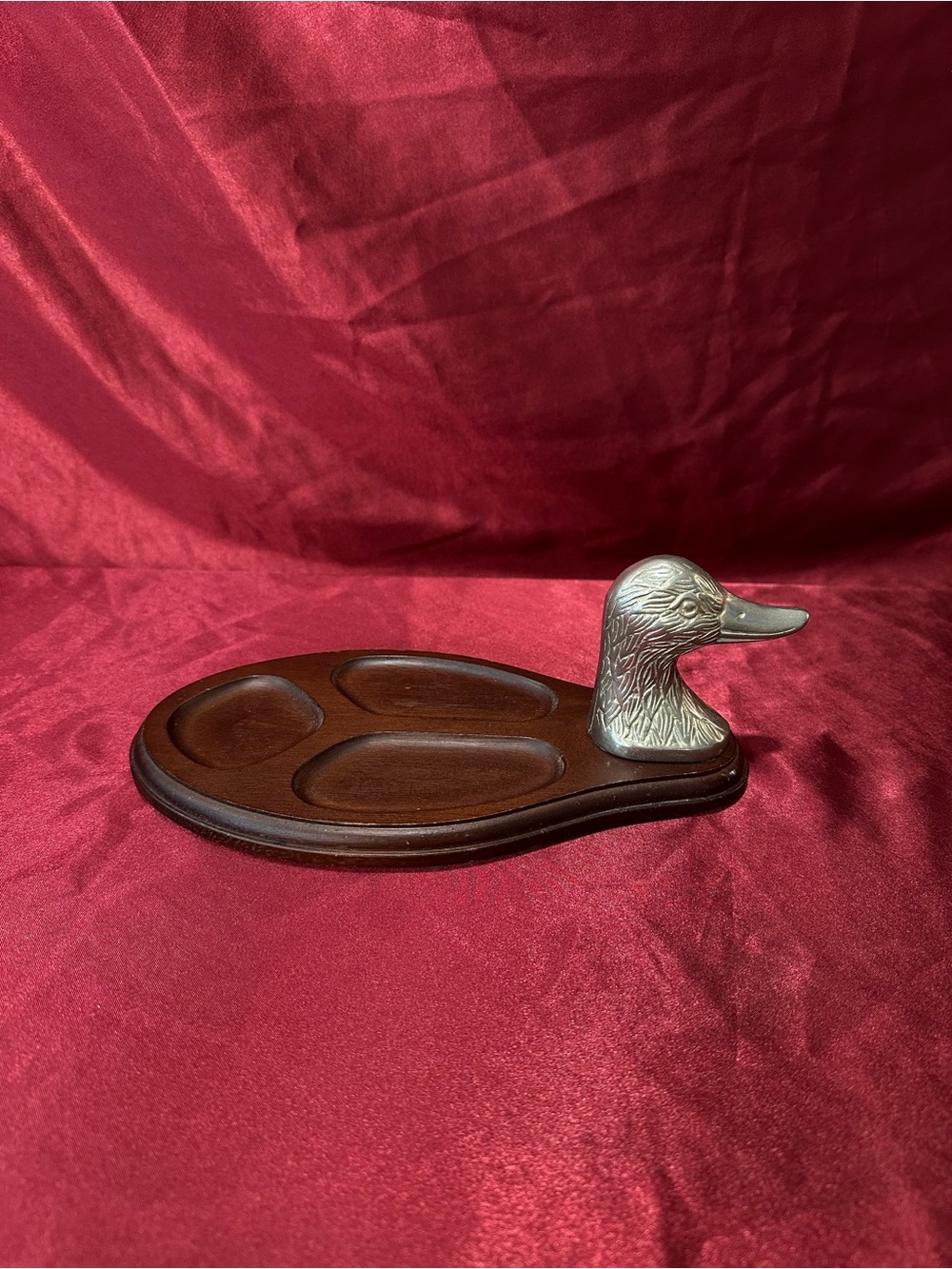 Vintage Brass Duck Head Wood Valet Tray 3 Compartment 10" Catchall Dish